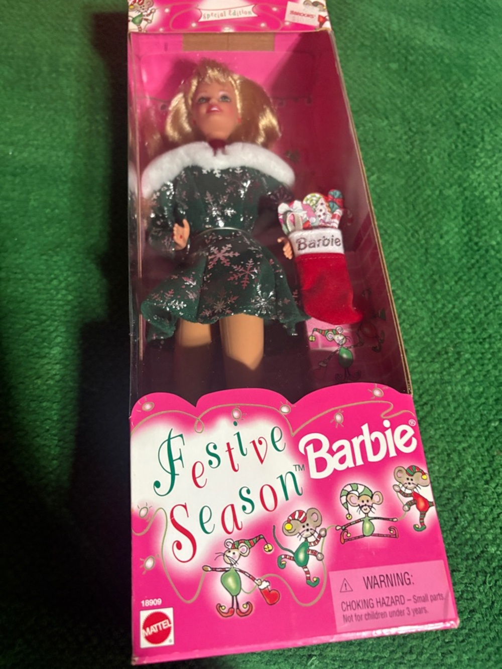 Barbie in Dark Green Holiday Dress with White Fur Trim